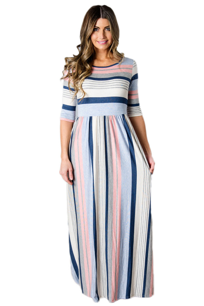 BY61660-1 Light Multicolor Striped Half Sleeve Casual Maxi Dress